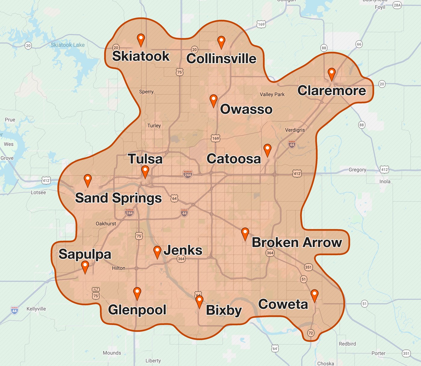 TrashMob dumpster rental service area map covering Tulsa, Skiatook, Collinsville, Claremore, Owasso, Catoosa, Sand Springs, Sapulpa, Jenks, Broken Arrow, Glenpool, Bixby and Coweta